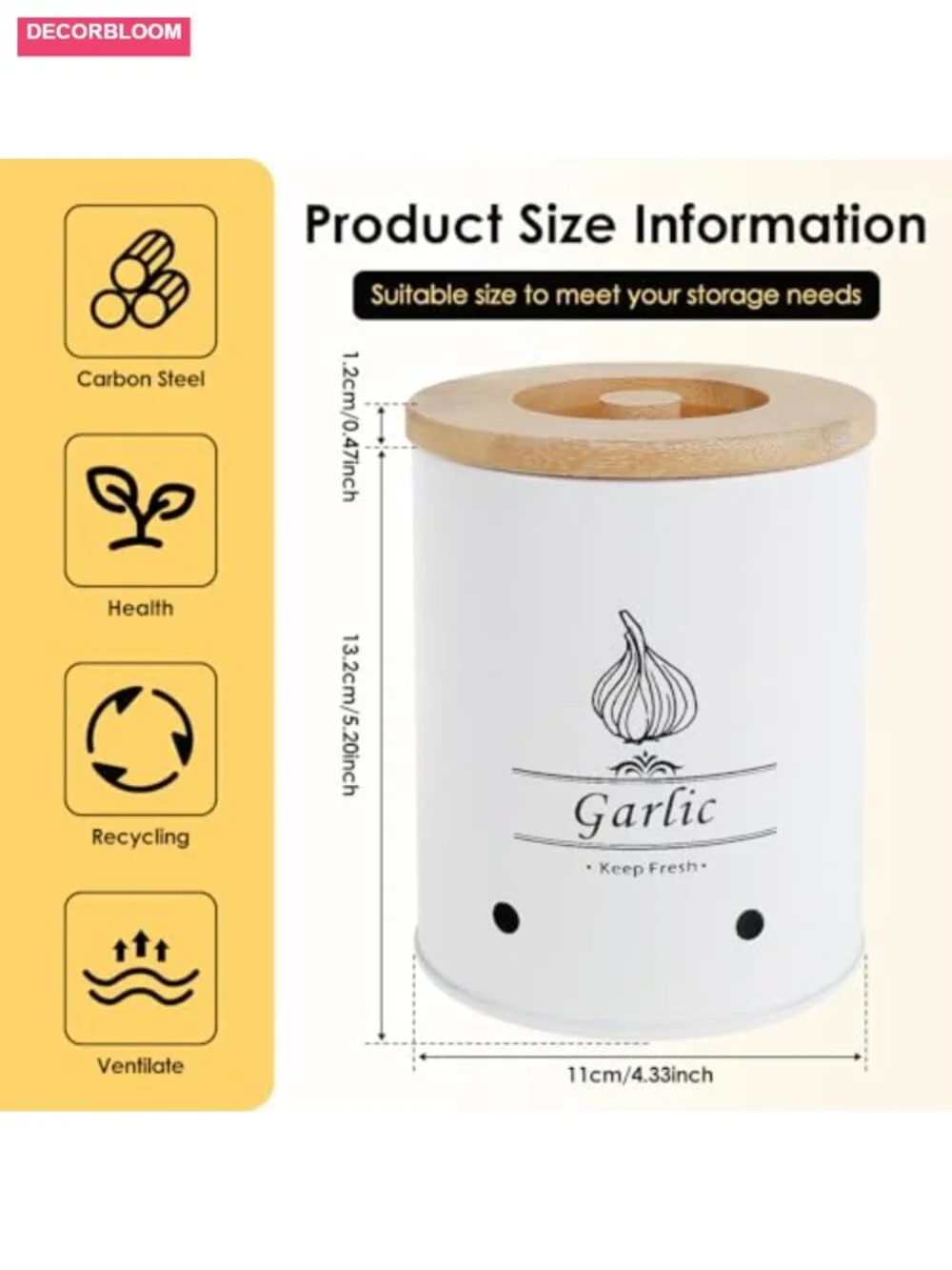 Large Ceramic Garlic Keeper with Wood Lid, Ventilated Garlic Storage Box, 2.3L